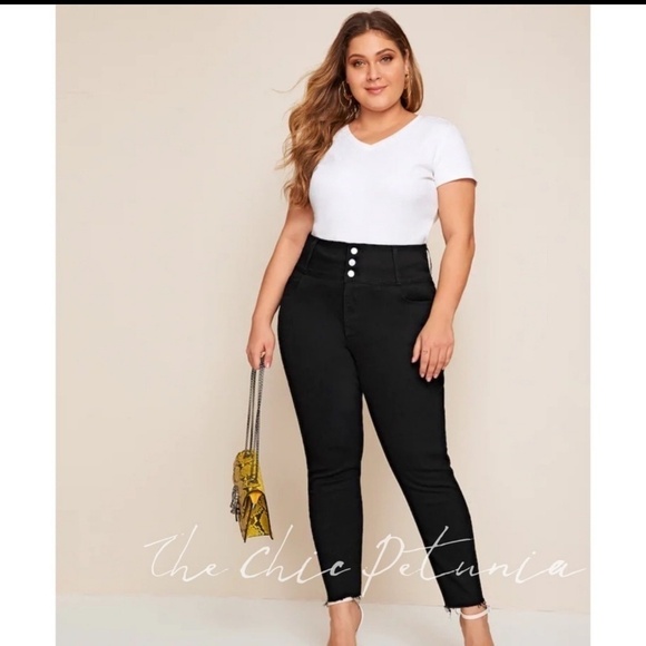 Plus Size Black skinny high waist frayed Edge Pants - Picture 5 of 5
